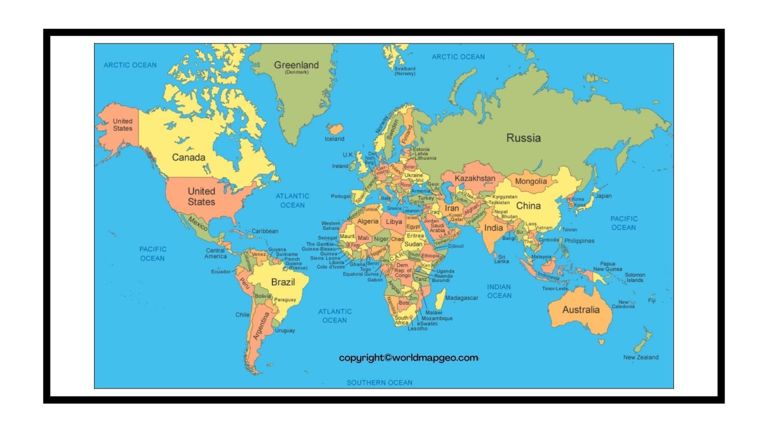 World Map Labeled Simple Printable With Countries Oceans