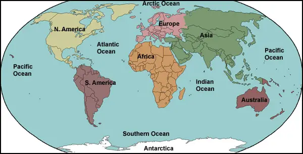 Map of the World with Oceans and Continents