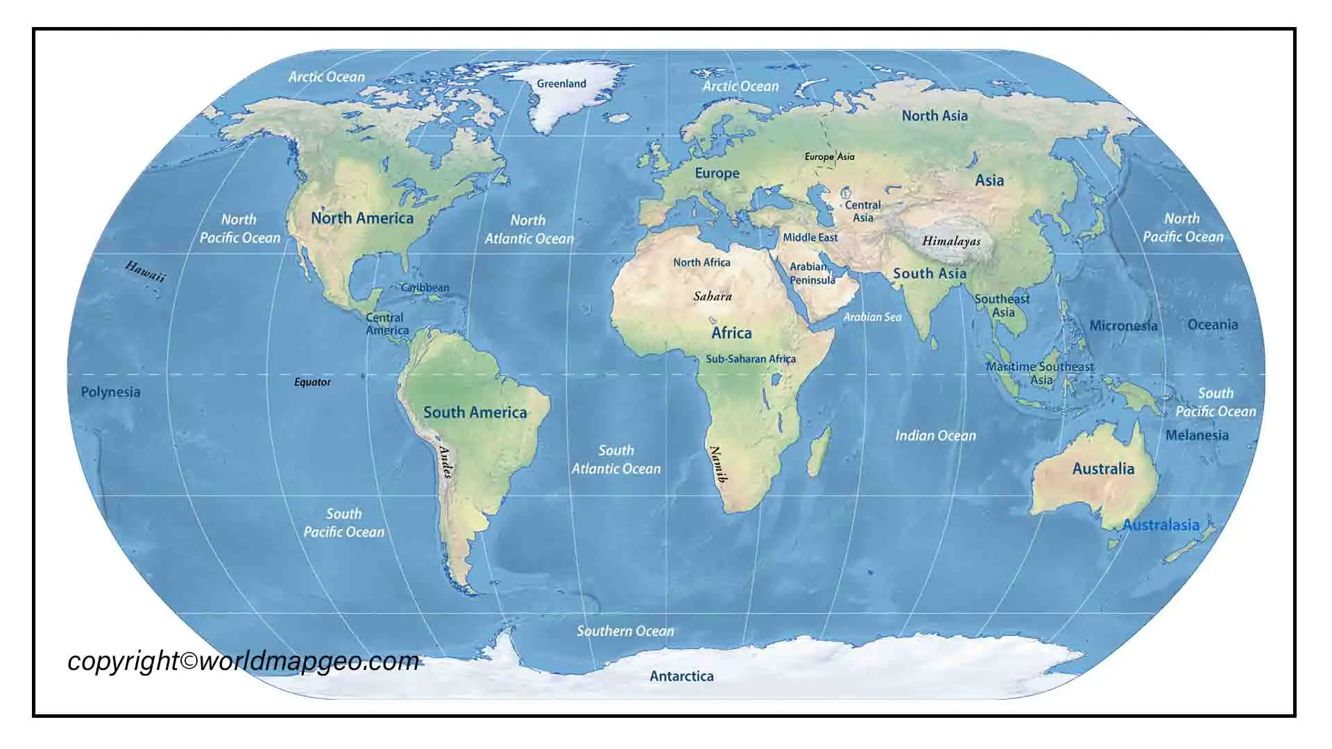 Physical World Continents And Oceans Map