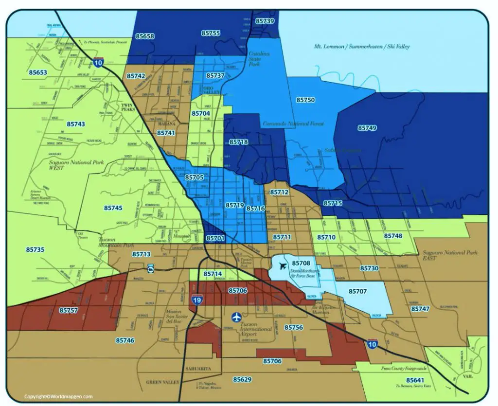 Zip Code Map of Tucson Arizona