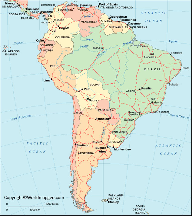 South America Political Map with Countries & Capitals