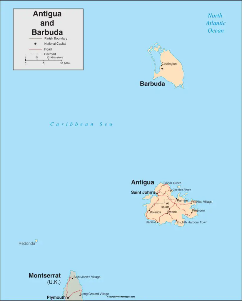 Labeled Antigua and Barbuda Map & States Capital and Cities