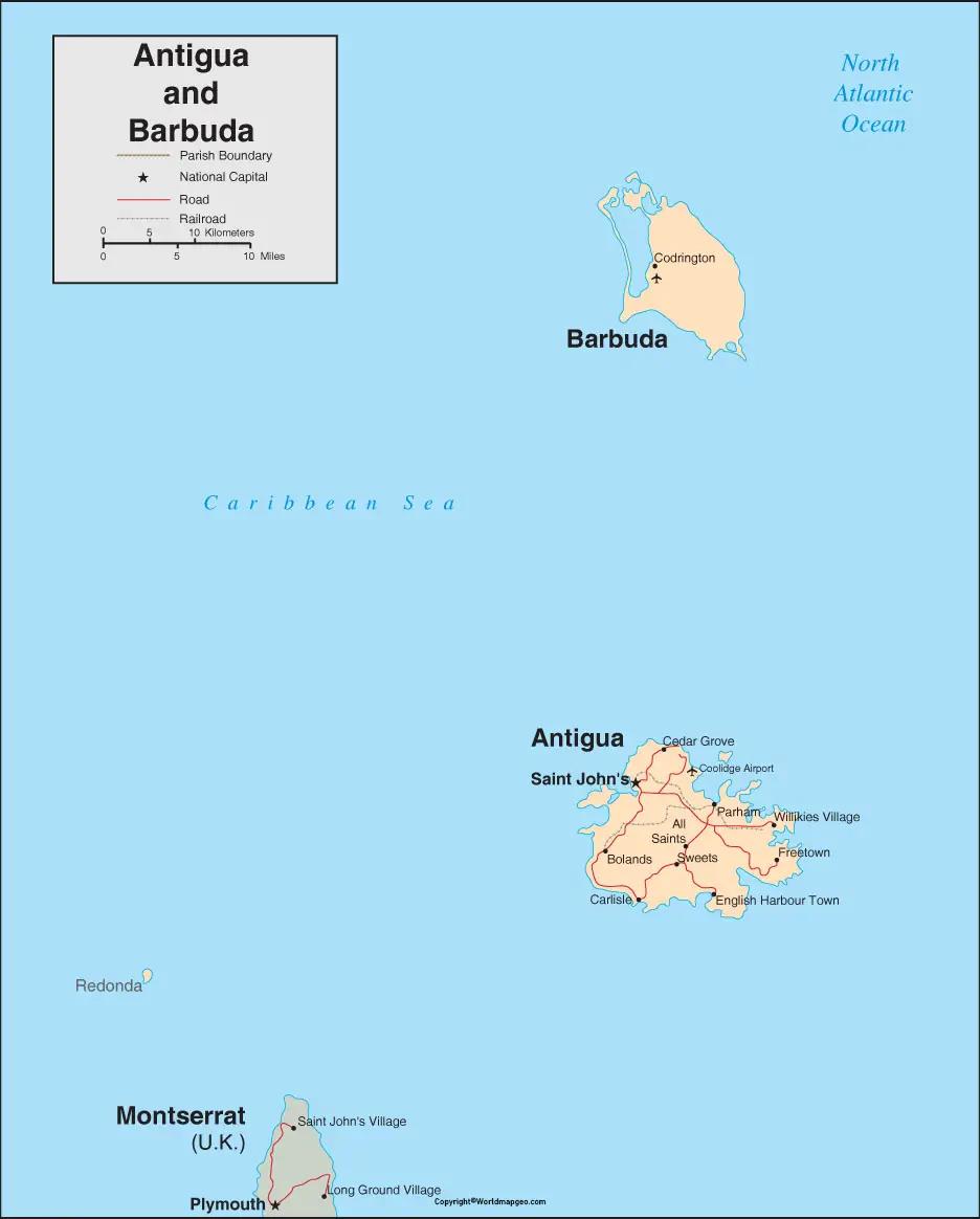  Antigua and Barbuda Map with States Labeled