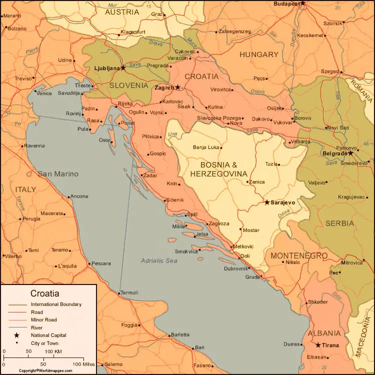 Labeled Croatia Map with States Capital and Cities