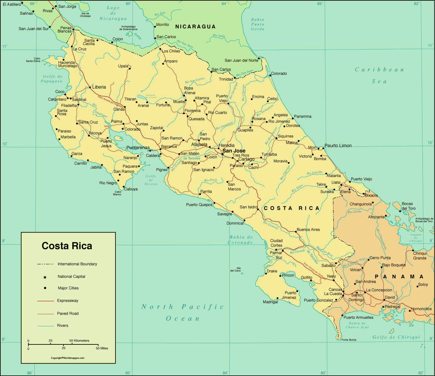 Labeled Costa Rica Map with States Capital and Cities