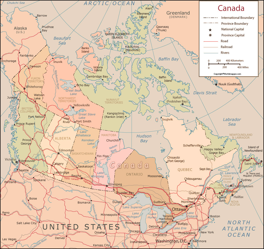 Labeled Canada Map with States Capital and Cities