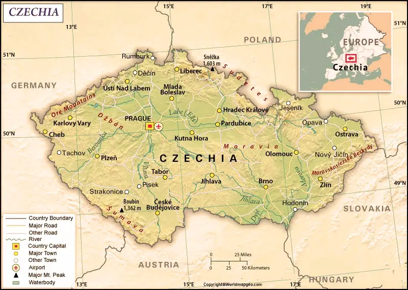 Czechia (Czech Republic) Labeled Map With Capital