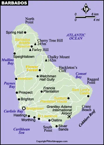 Labeled Barbados Map with States Capital and Cities