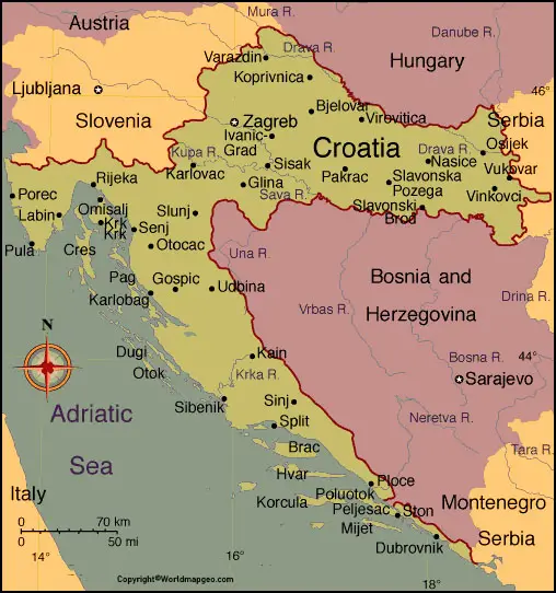 Labeled Croatia Map with States Capital and Cities