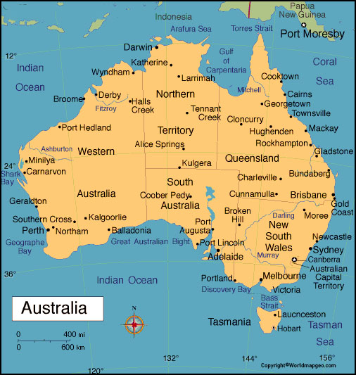 Australia Map with Cities Labeled