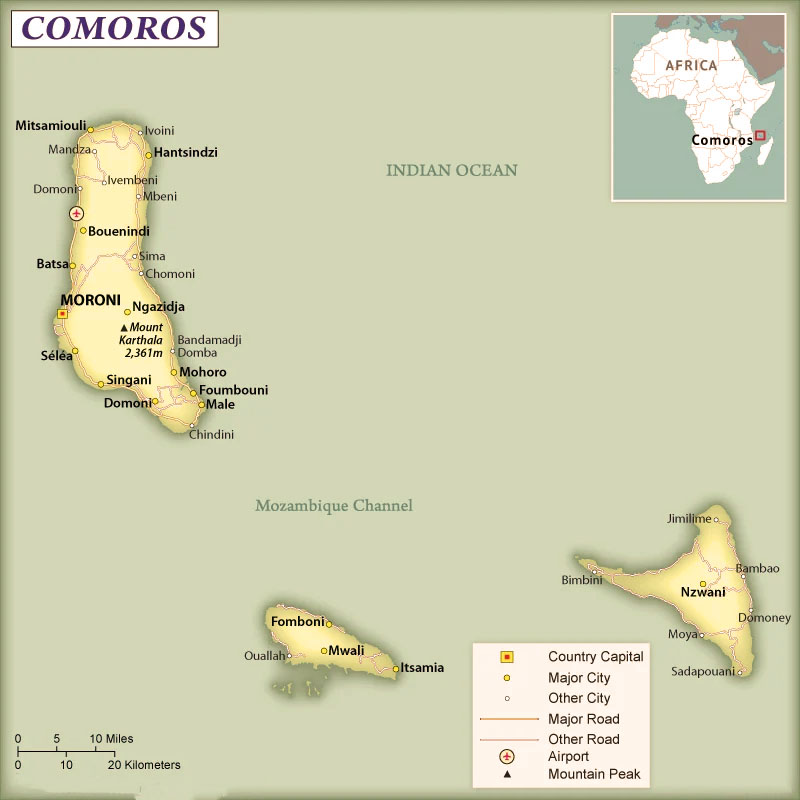 Comoros Map With Cities Labeled