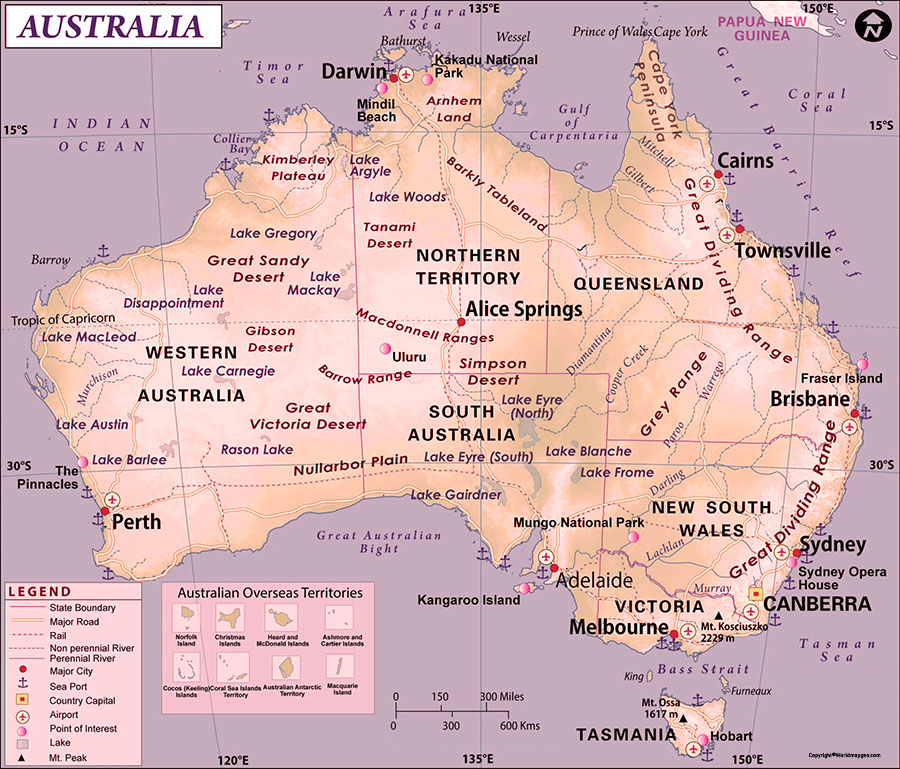 Australia Map with Capital Labeled