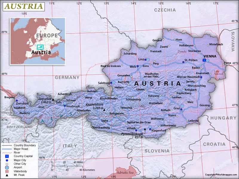 Austria Map with Capital Labeled