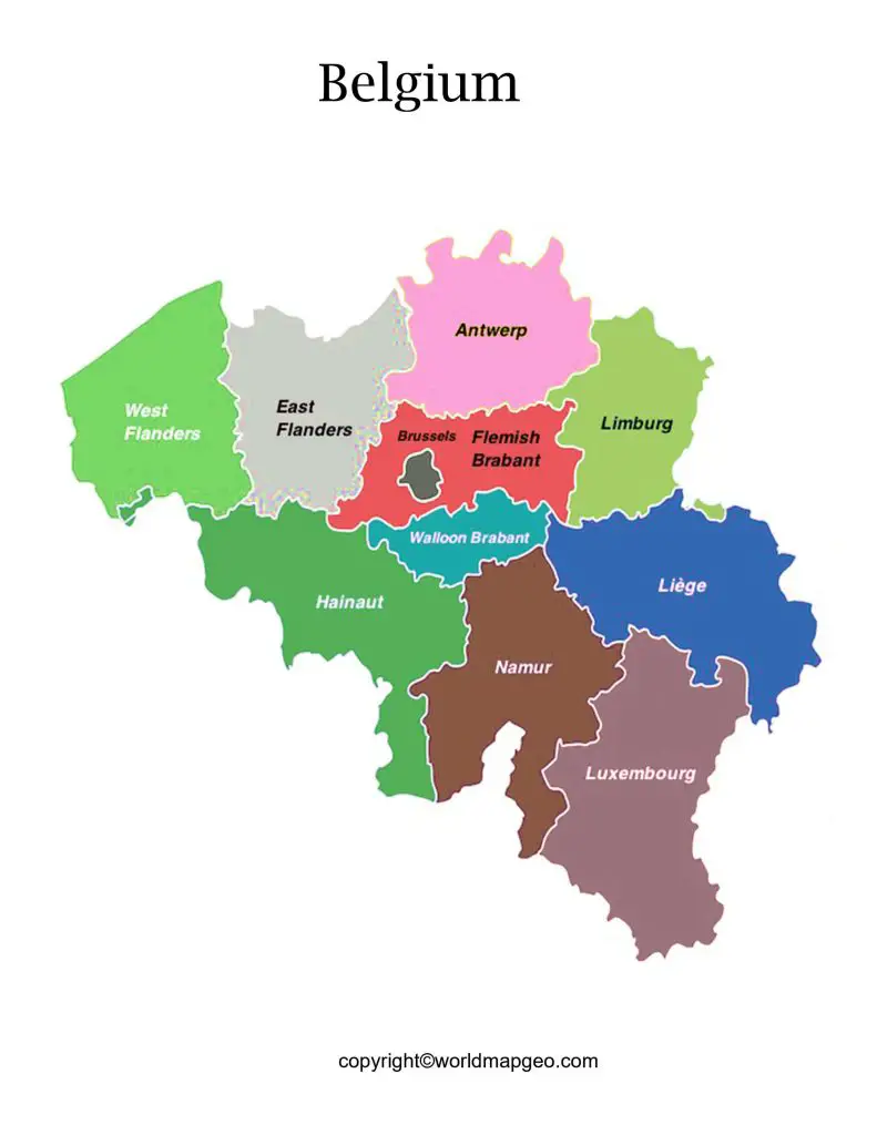 Labeled Belgium Map with States, Capital and Cities