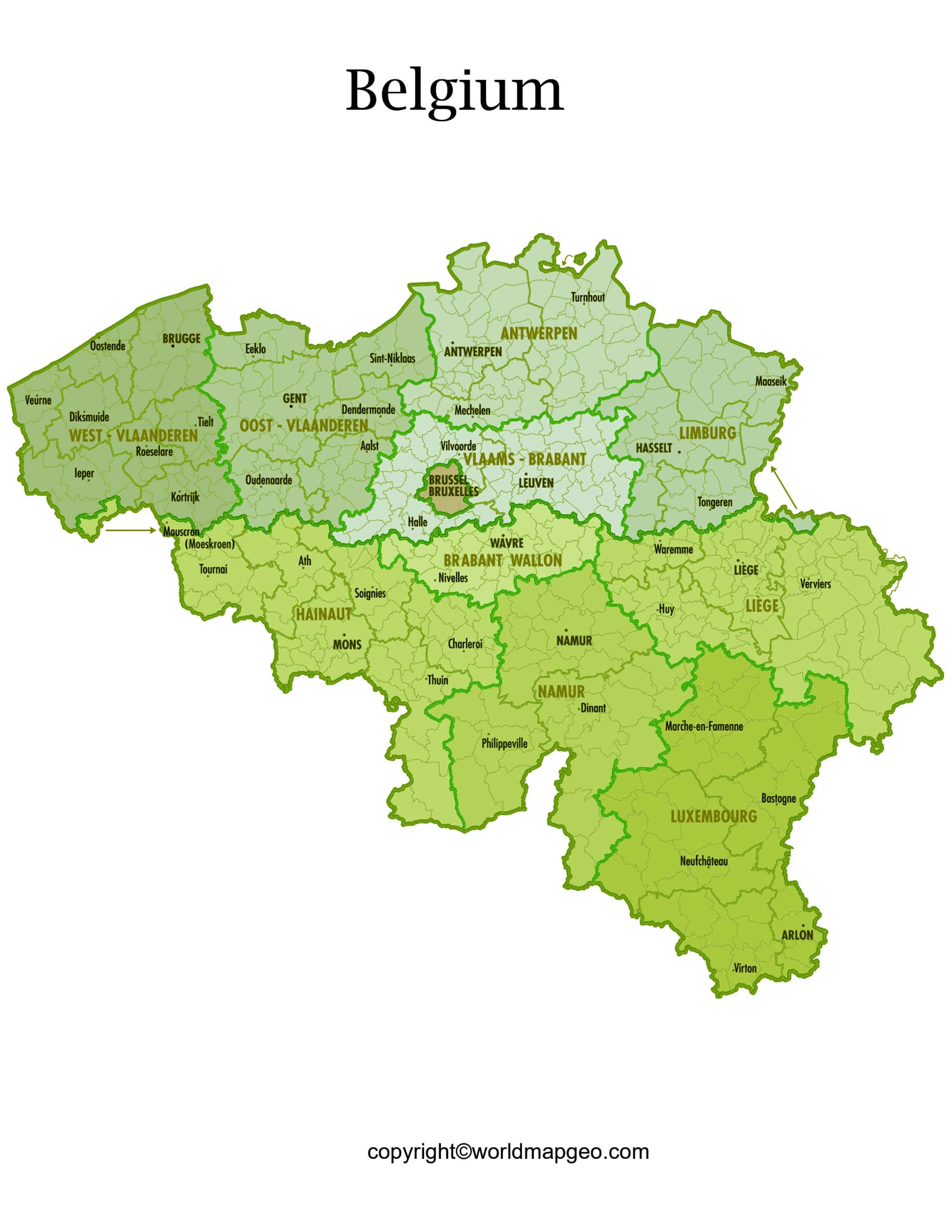 Labeled Belgium Map with States, Capital and Cities