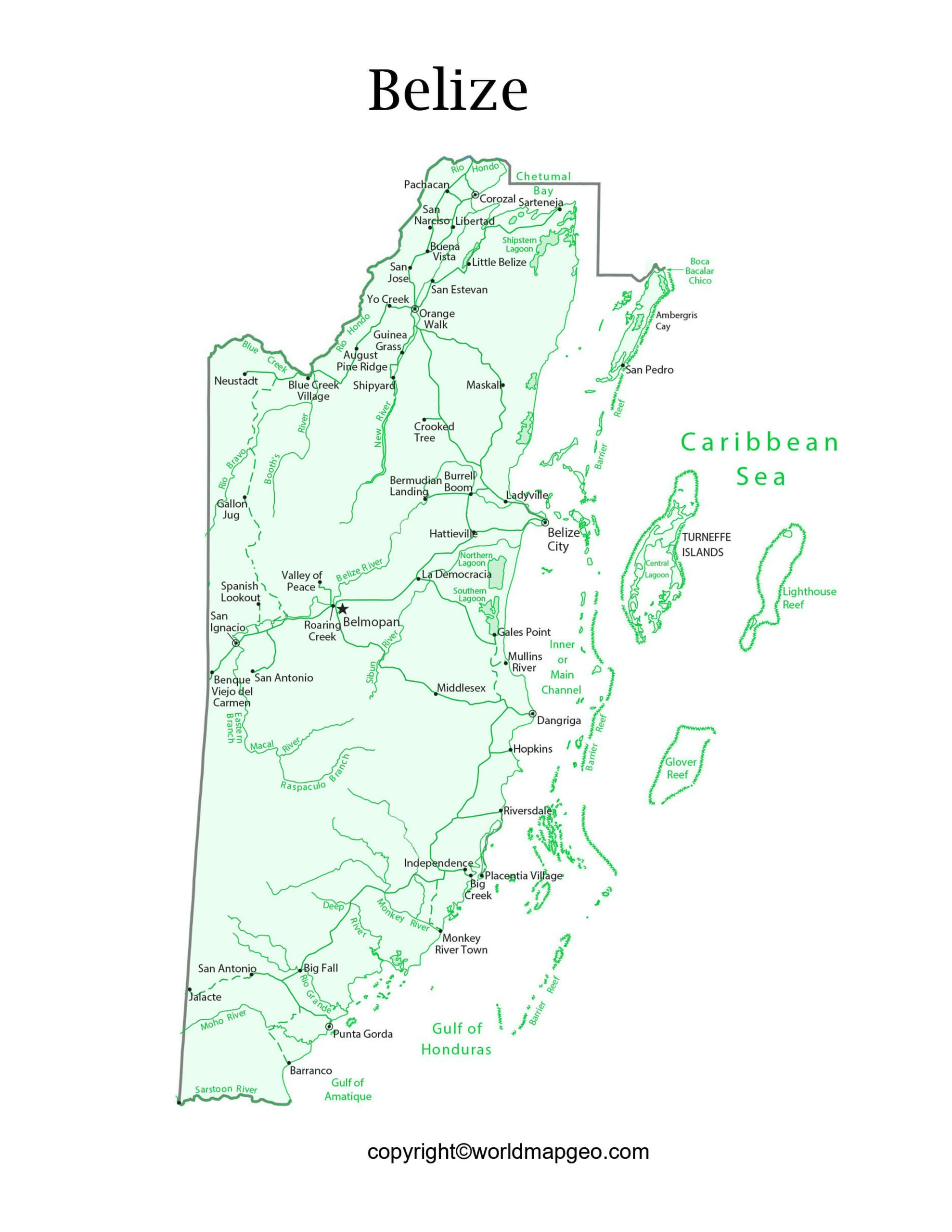 Labeled Belize Map with States Capital and Cities