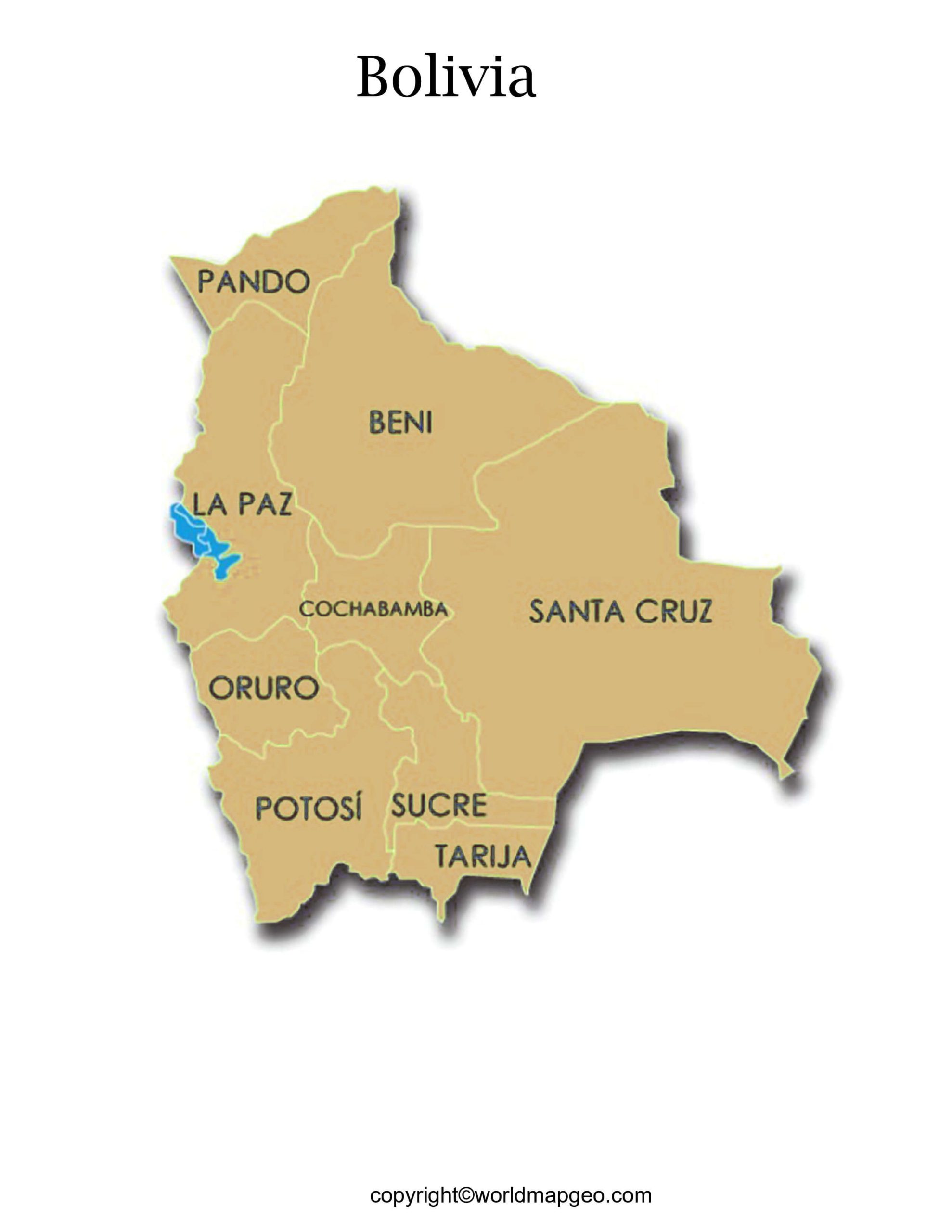 Labeled Bolivia Map with States Capital and Cities