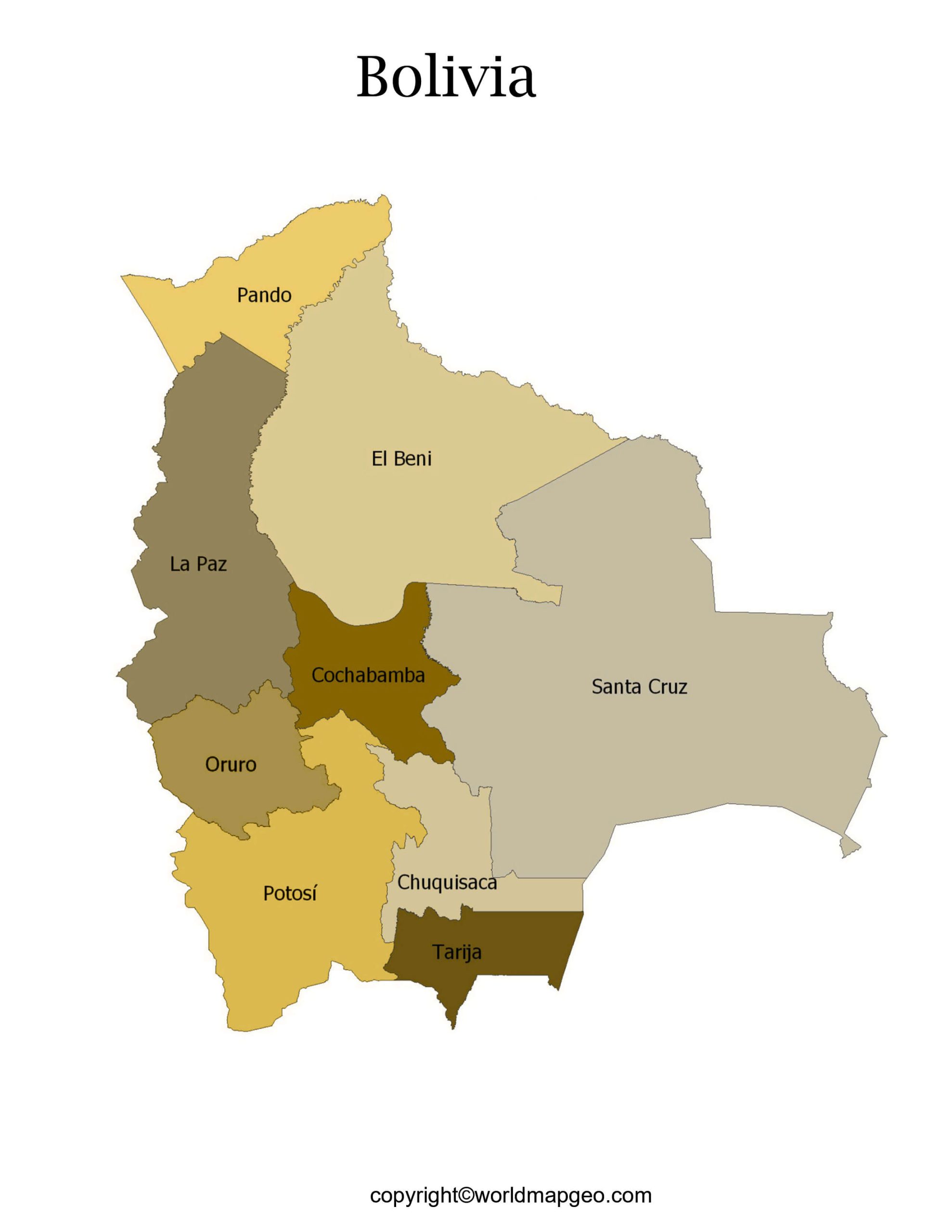 Labeled Bolivia Map with States Capital and Cities