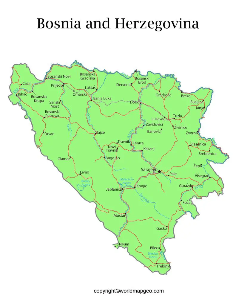 Bosnia and Herzegovina Labeled Map With Capital