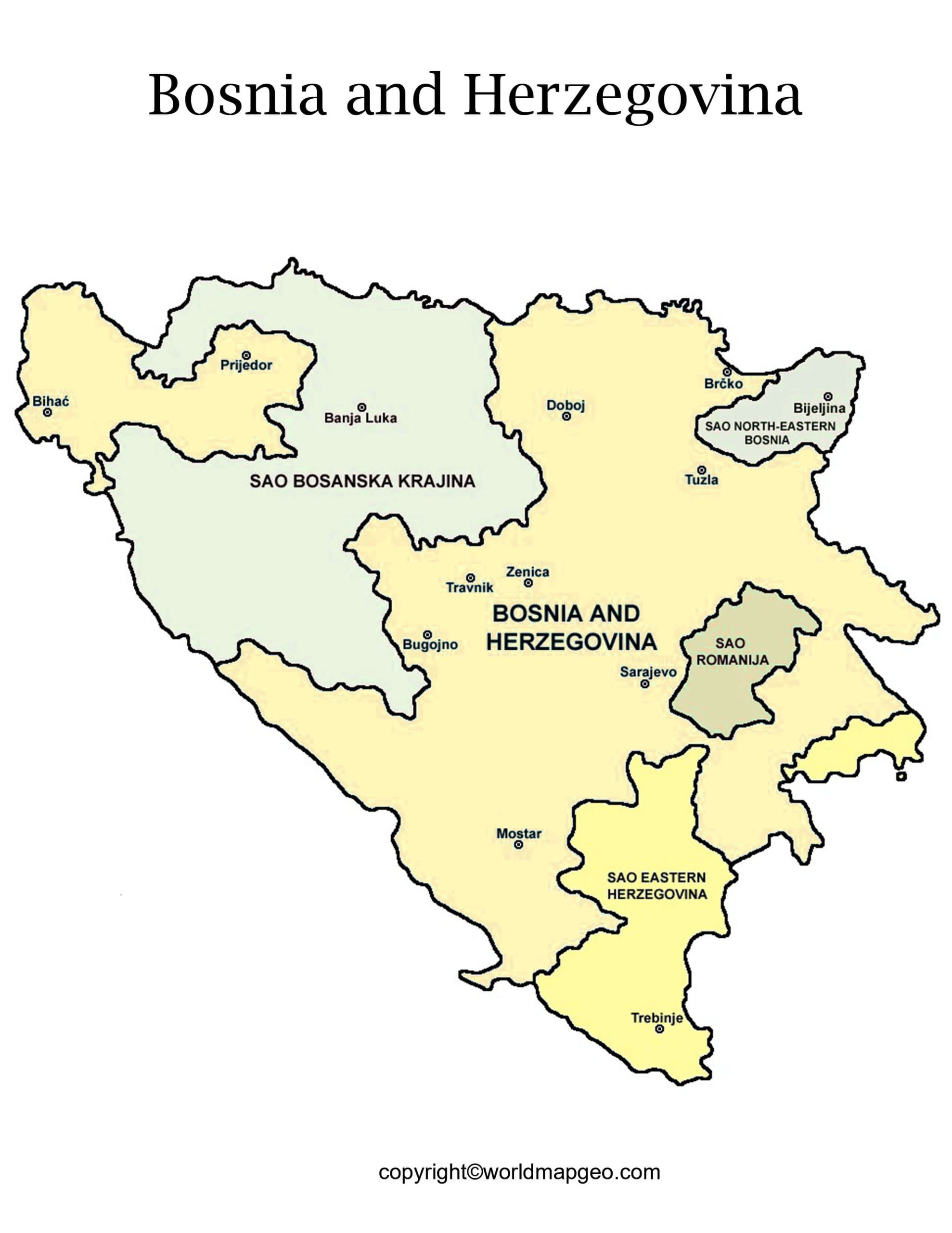 Labeled Bosnia and Herzegovina Map - States Capital Cities