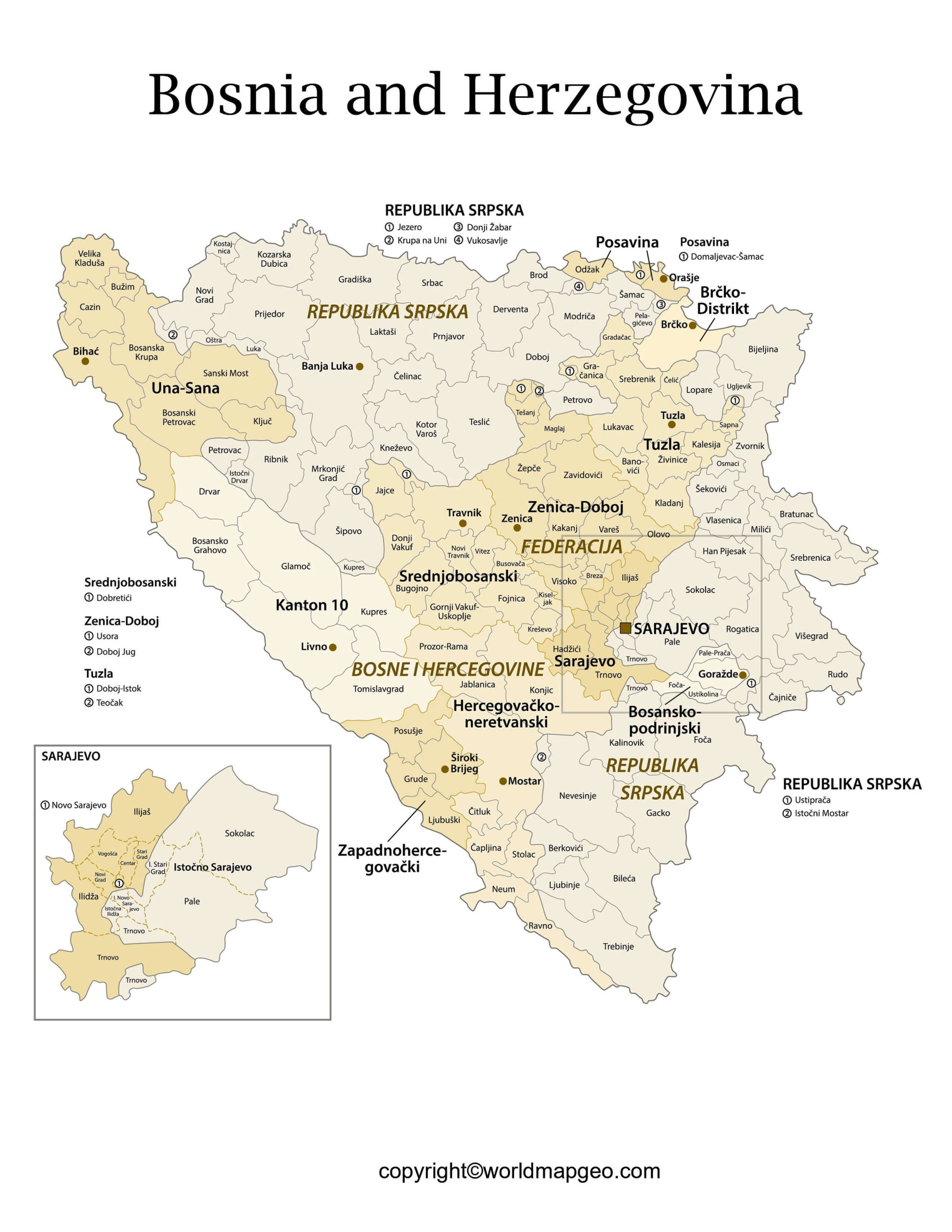 Labeled Bosnia and Herzegovina Map - States Capital Cities