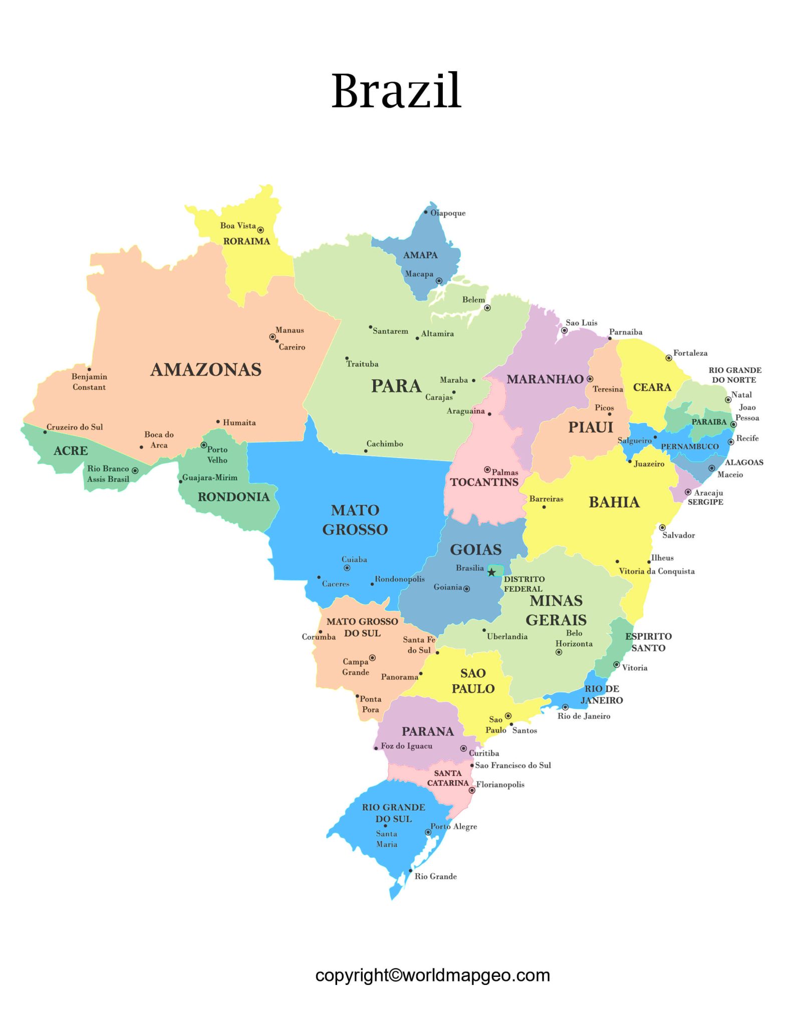 Labeled Brazil Map with States, Capital and Cities