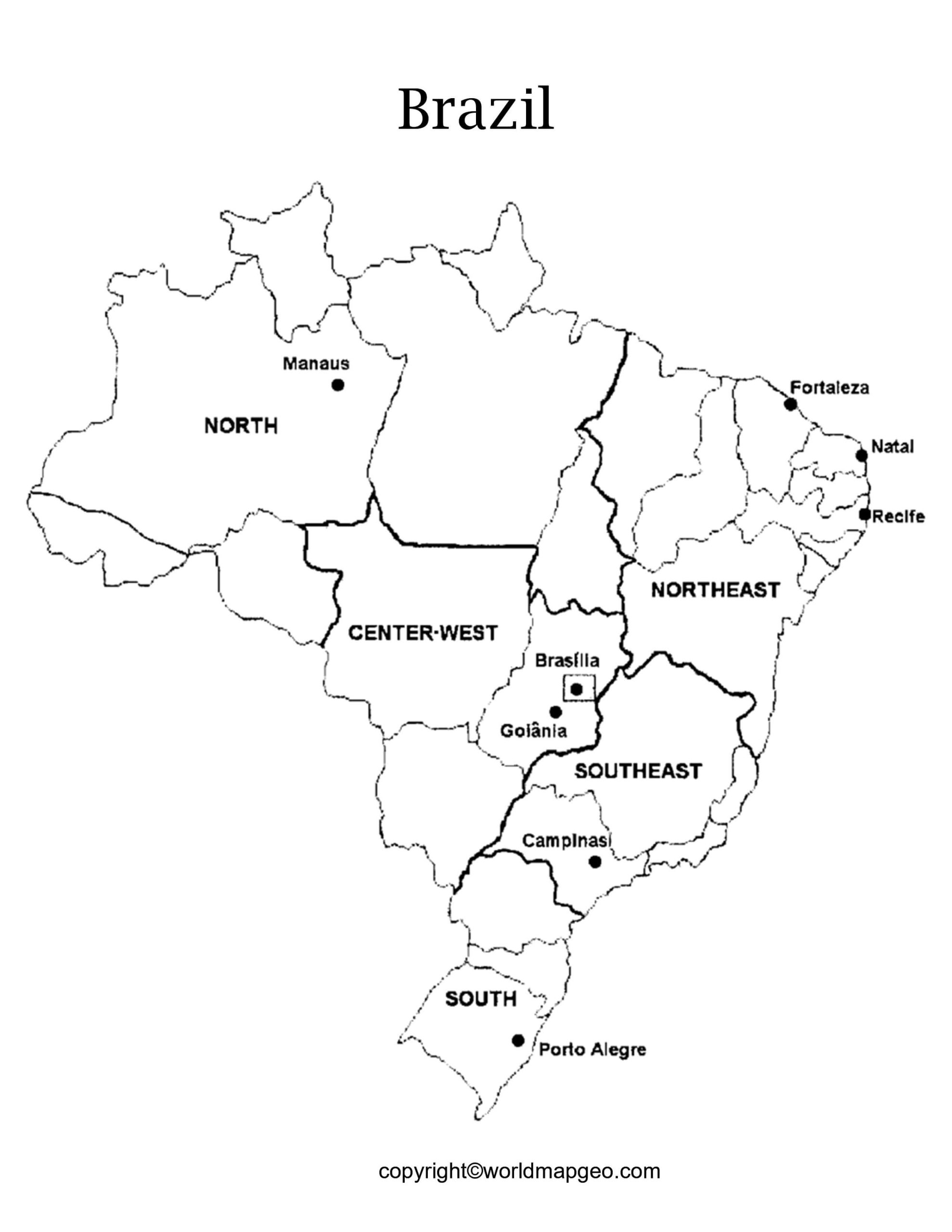 Labeled Brazil Map with States, Capital and Cities