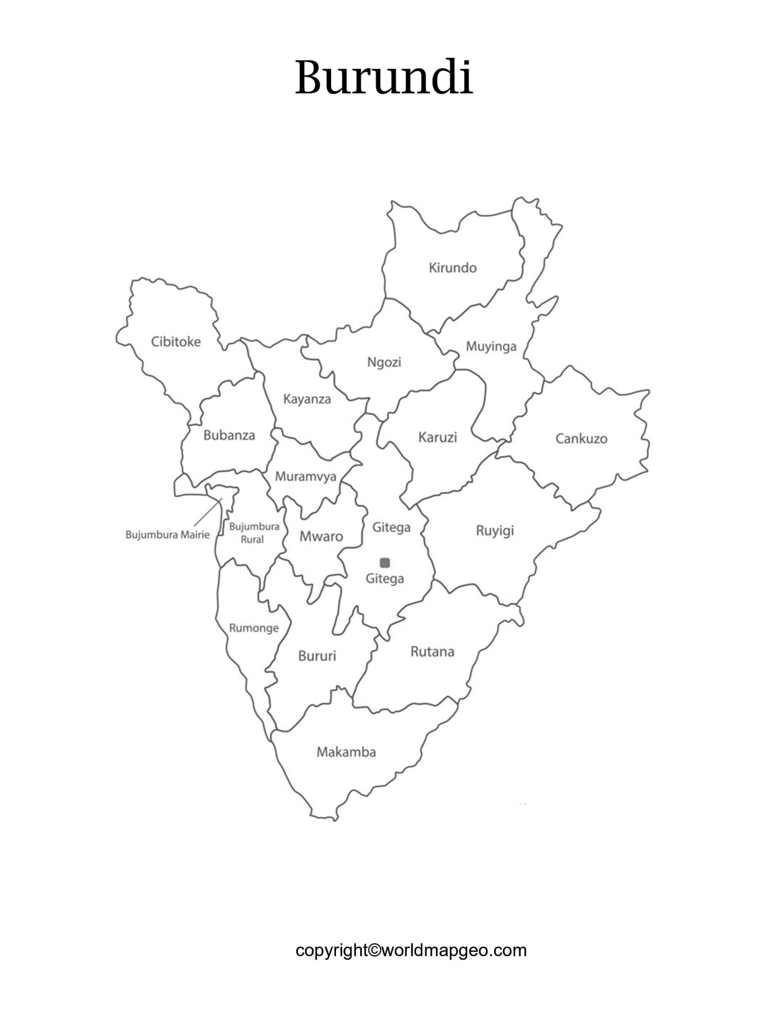 Labeled Burundi Map with States Capital and Cities