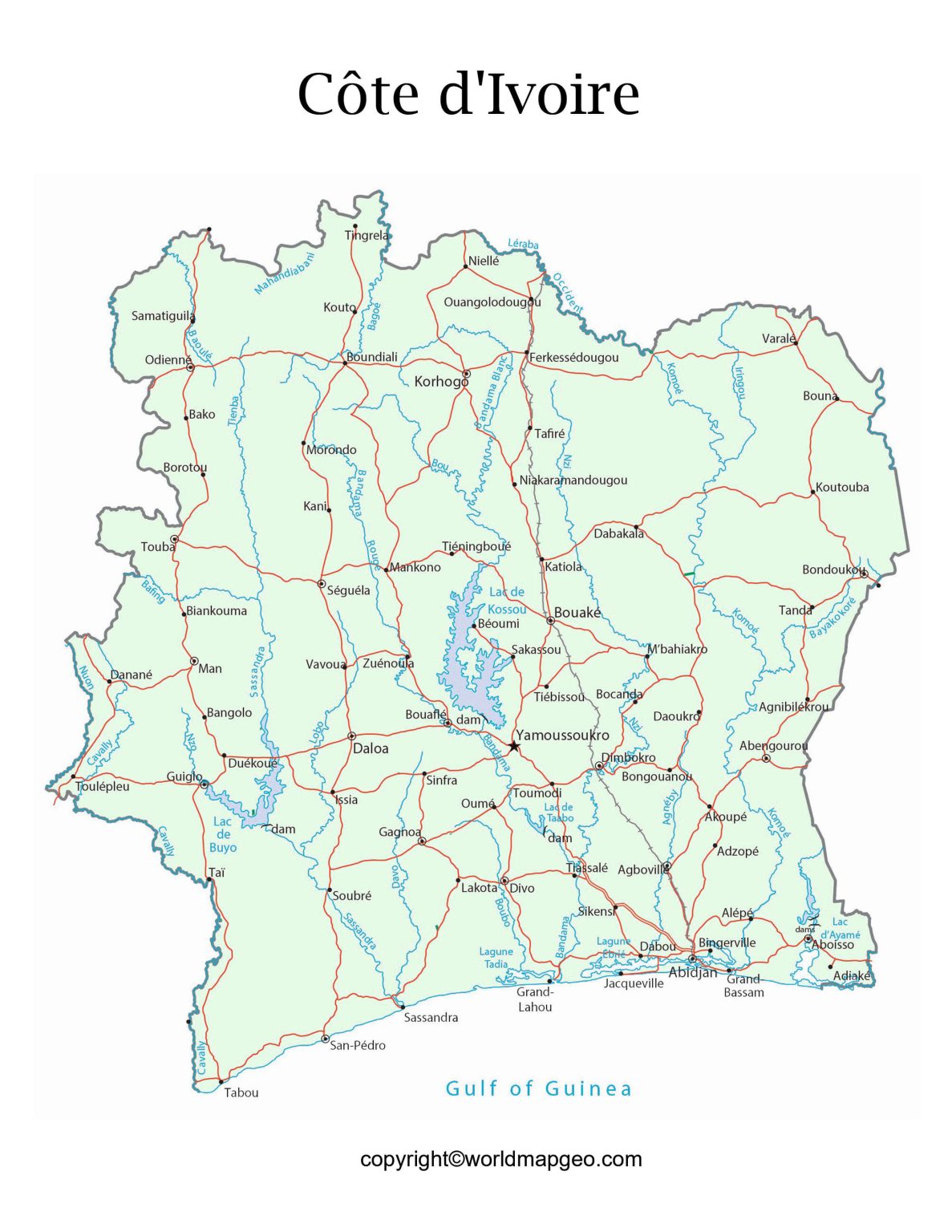 Labeled Côte d'Ivoire Map with States Capital and Cities