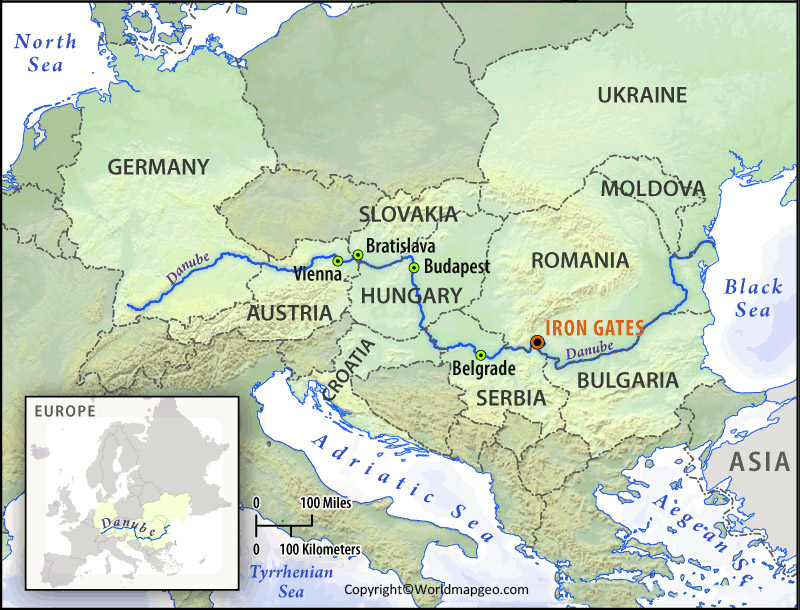 Where is the Danube River located on a Map