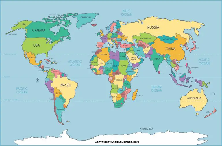 World Map Labeled Simple, Printable with Countries & Oceans