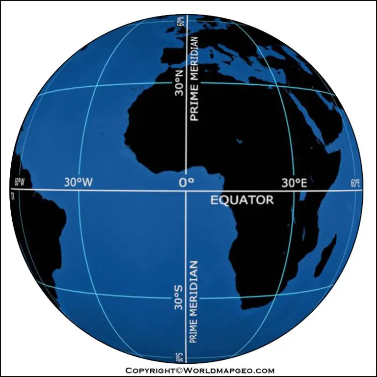 World Map with Equator, Countries, and Prime Meridian