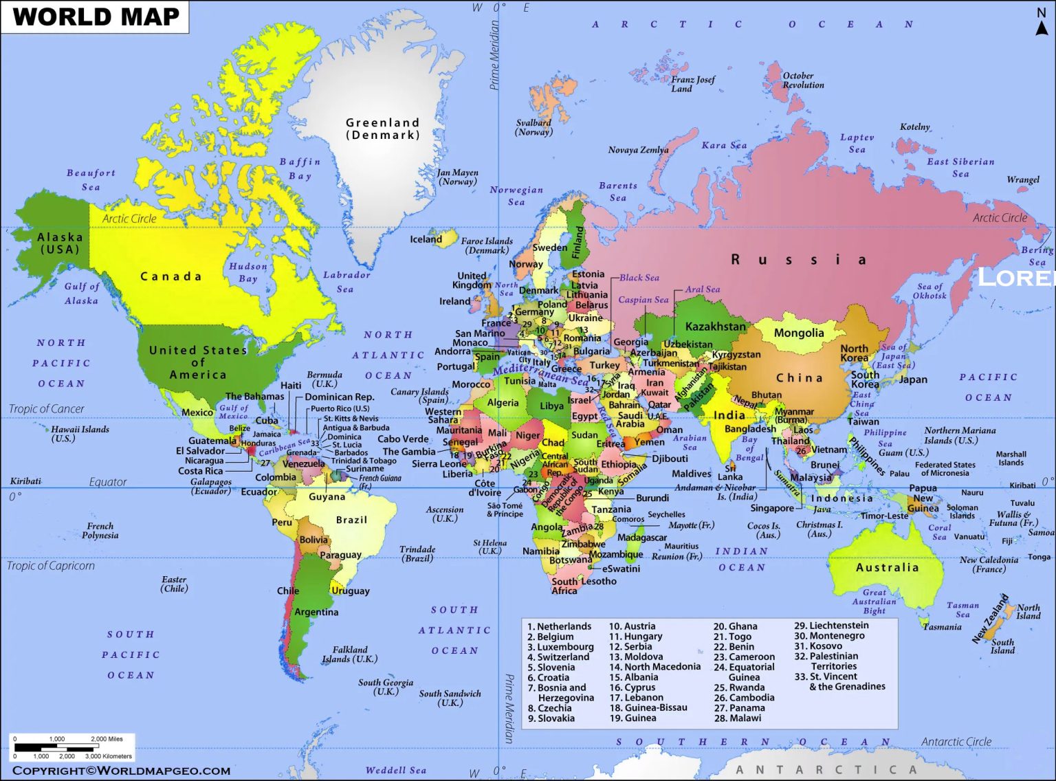 World Map Labeled Simple, Printable with Countries & Oceans